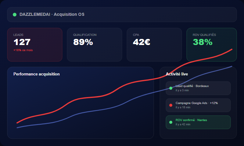 Tableau de bord d'acquisition avec leads, taux de qualification et activité en direct